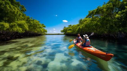 Couple kayaking together in mangrove river of the Keys, Florida, USA. Tourists kayakers touring the river of Islamorada. Generative AI.