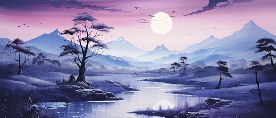 Türaufkleber Hell-pink abstract watercolor landscape dark purple dark blue background with tree and river lake , generated by AI