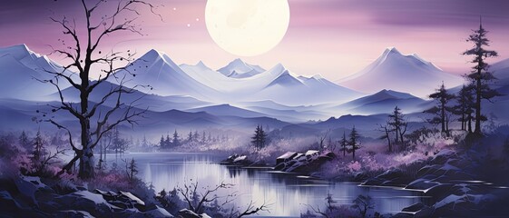 abstract watercolor landscape dark purple dark blue background with tree and river lake , generated by AI