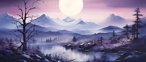 Foto op Canvas abstract watercolor landscape dark purple dark blue background with tree and river lake , generated by AI © tino