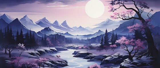 abstract watercolor landscape dark purple dark blue background with tree and river lake , generated by AI