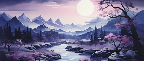 Poster abstract watercolor landscape dark purple dark blue background with tree and river lake , generated by AI © tino