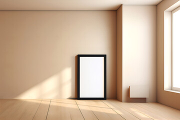 Creative interior concept. Large empty beige wall room facade design with blank frame and natural shadow. Banner template for product presentation. Mock up 3D rendering	
