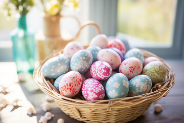 Fototapeta na wymiar colorful eggs in a basket on the table in a bright kitchen, Easter concept