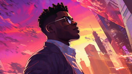 Illustration of portrait of a young black afro american man in bustling skyscraper city with sunset colors and hair blowing in the wind
