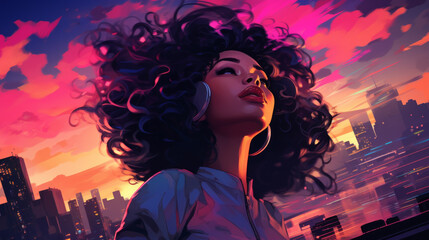 Illustration of portrait of a young black afro american woman in bustling skyscraper city with sunset colors and hair blowing in the wind - obrazy, fototapety, plakaty