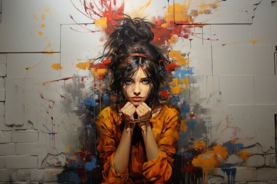 AI generated illustration of A young woman in a graffiti-covered room is expressing sadness.
