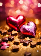 バレンタインデー、ハート型チョコレート、コピースペース、背景｜Valentine's Day, heart-shaped chocolates. Copy space, background. Generative AI - obrazy, fototapety, plakaty
