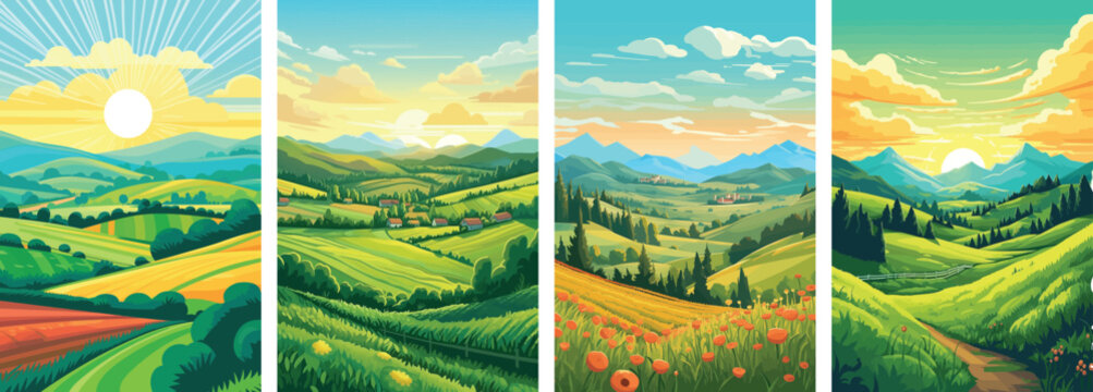 banner of farm landscape set, green hill, tree and mountain, Vector illustration, landscape background, wallpaper, poster, spring