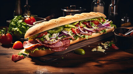 Tasty submarine sandwich on the wooden tableAI Generative