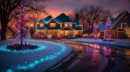 beautifully decorated house with colorful lights for valentine day generated y AI tool - obrazy, fototapety, plakaty