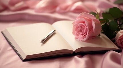 beautiful pink rose on open book space for text generated by AI tool - Powered by Adobe