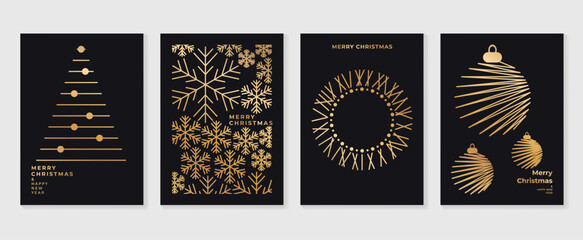 Luxury christmas invitation card art deco design vector. Christmas tree, bauble ball, snowflake, wreath line art on dark background. Design illustration for cover, poster, wallpaper. © TWINS DESIGN STUDIO