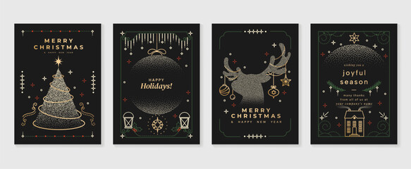 Luxury christmas invitation card art deco design vector. Christmas tree,  bauble ball, reindeer, house, lantern, spot texture on dark background. Design illustration for cover, poster, wallpaper.