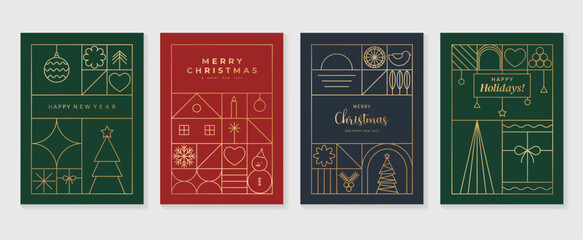 Luxury christmas invitation card art deco design vector. Christmas tree,   bauble ball, heart, snowflake line art on green, red and blue background. Design illustration for cover, poster, wallpaper.