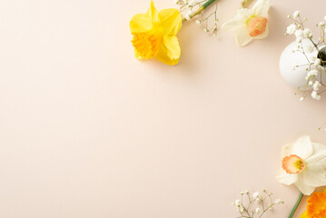 Experience the beauty of spring with fresh daffodils blooming. From above, view white and yellow daffodils and gypsophila branches in vase on light beige background, perfect for text or ads