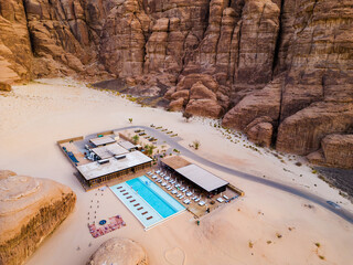 Drone  views of the sandstone canyons at  Habitas AlUla, Saudi Arabia.