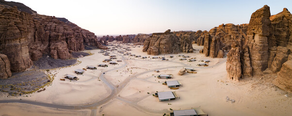 Drone  views of the sandstone canyons at  Habitas AlUla, Saudi Arabia.