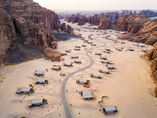 Drone  views of the sandstone canyons at  Habitas AlUla, Saudi Arabia.