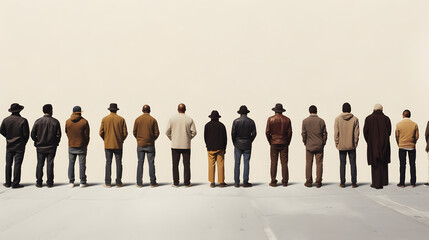 Group of anonymous people queue in line up standing in long line, back view. Generative AI.