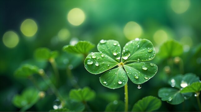 Closeup clover leaves plant with dew and blurred green nature background