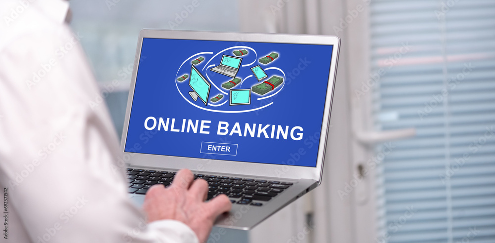 Sticker Online banking concept on a laptop screen