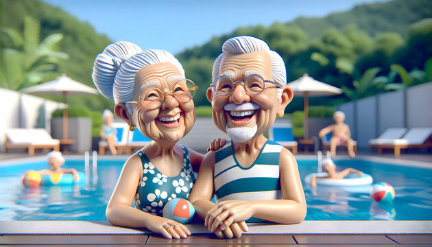 Seniors Relaxing by the Pool. Generative AI