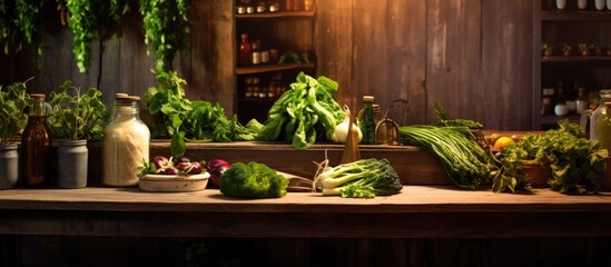 Fototapeta na wymiar background, a rustic wooden kitchen table adorned with green leafy plants set the stage for healthy cooking. The expert chef prepared a delicious meal using organic, natural vegetables, showcasing the