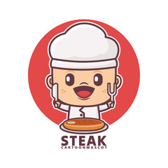 chef cartoon mascot with steak. vector illustrations with outline style