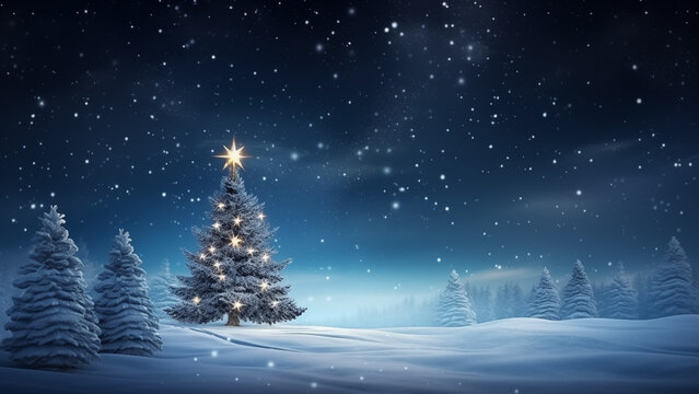 Illustration of a beautiful Christmas tree set on a fantastic background with stars in a winter night