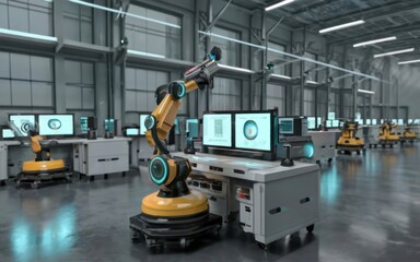 Futuristic 3D Rendering: Robot at Work on Monitor Screen in Factory