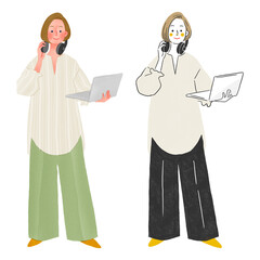 オフィスカジュアルな会社員の女性全身手描きイラスト