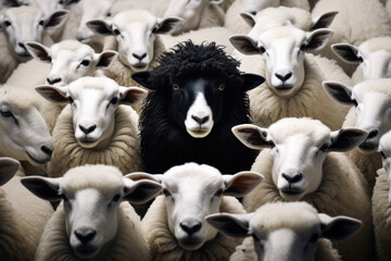 Black sheep in a flock of white sheep. AI Generative .