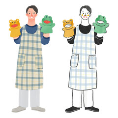 ぬいぐるみを持った保育士の男性の先生全身手描きイラスト