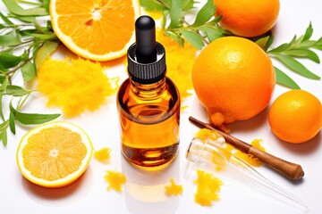 Bottle of vitamin C serum with fresh juicy orange fruit. Beauty product branding mock-up. Ai generated