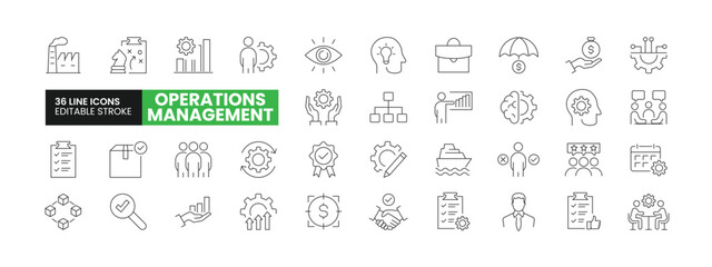 Set of 36 Risk or Operations Management line icons set. Operations Management outline icons with editable stroke collection. Includes Strategy, Work Force, Logistics, Growth, Resources, and More. - obrazy, fototapety, plakaty