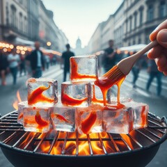 photo of Grilled transparent ice cubes on grill with spicy souce on brush . blurred street crowd on background - obrazy, fototapety, plakaty