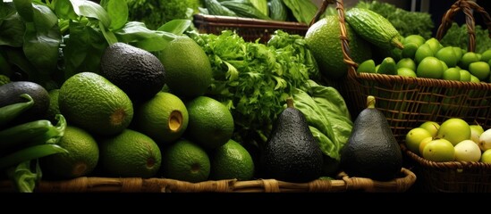 At the local market, the super sale on green vegetables included ripe avocados, fresh herbs, and other raw ingredients that the retail merchant carefully arranged in clean baskets to showcase their - obrazy, fototapety, plakaty