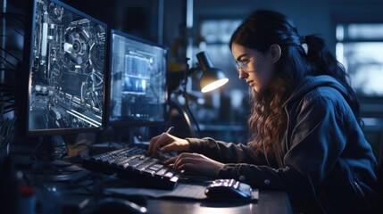 Female mechanical engineer designs 3D engine on her computer - obrazy, fototapety, plakaty