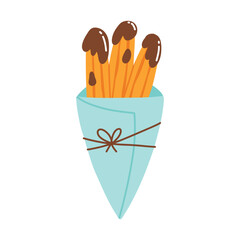 Churros in a paper bag. Mexican snack. Hand drawn flat vector illustration. Churros in chocolate in a cone.