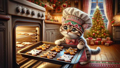 Culinary cat in a white chef's hat bakes Christmas gingerbread cookies in decorative shapes cat or kitten. Fresh Xmas pastries. - obrazy, fototapety, plakaty