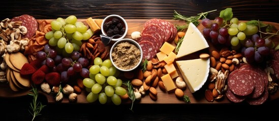 Top view of a charcuterie and cheese platter with assorted ingredients such as meat, cheese, grapes, and nuts. - obrazy, fototapety, plakaty