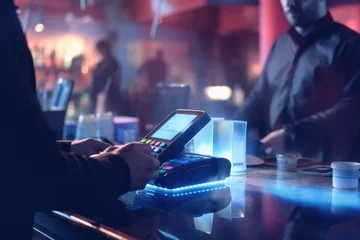 Fotobehang Customer making contactless payment with smartphone at bar. Modern technology. © Postproduction