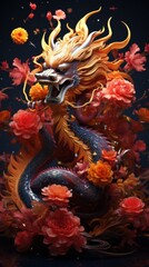 Majestic Dragon Symbol of New 2024 Year in Blossoms Chinese Lunar New Year Theme. Red dragon roars amongst blooming cherry blossoms, power and luck for the Chinese New Year celebration.