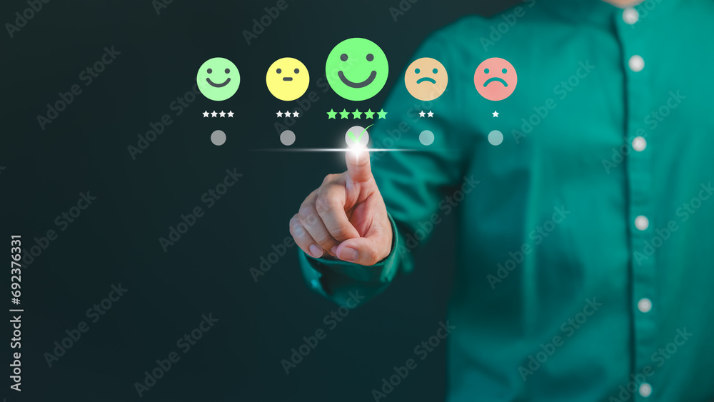 Aufkleber customer hand touch virtual screen on happy smile face icon to give satisfaction in service. online 