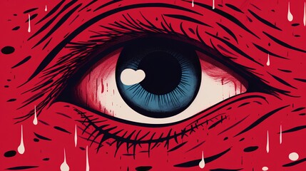 Illustration depicting the concept of eye fatigue and strain with prominent red hues, symbolizing discomfort and tiredness often associated with prolonged screen time or intense focus.