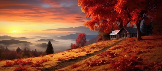 As the sun sets over the majestic mountain, casting a warm red glow on the breathtaking autumn landscape, the sky transforms into a canvas of vivid colors, painting a picture of enchanting beauty - obrazy, fototapety, plakaty