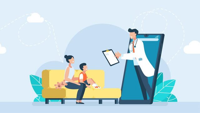 Remote medicine. Doctor online. Mom with son, with a doctor via video call. Woman with child at online appointment with pediatrician. App on phone for remote medical care, support. 2d flat animation
