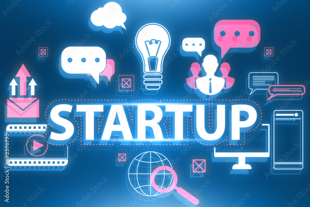 Wall mural creative start up hologram on blue background. new business beginnings concept. 3d rendering.