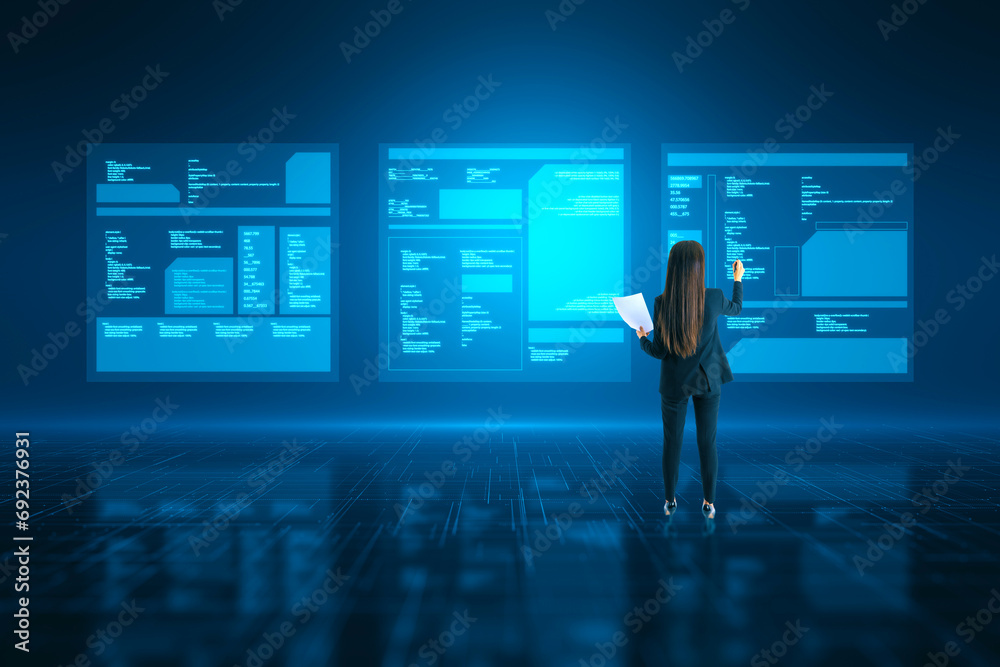 Poster businesswoman analyzing virtual data on interactive screens. digital workflow concept